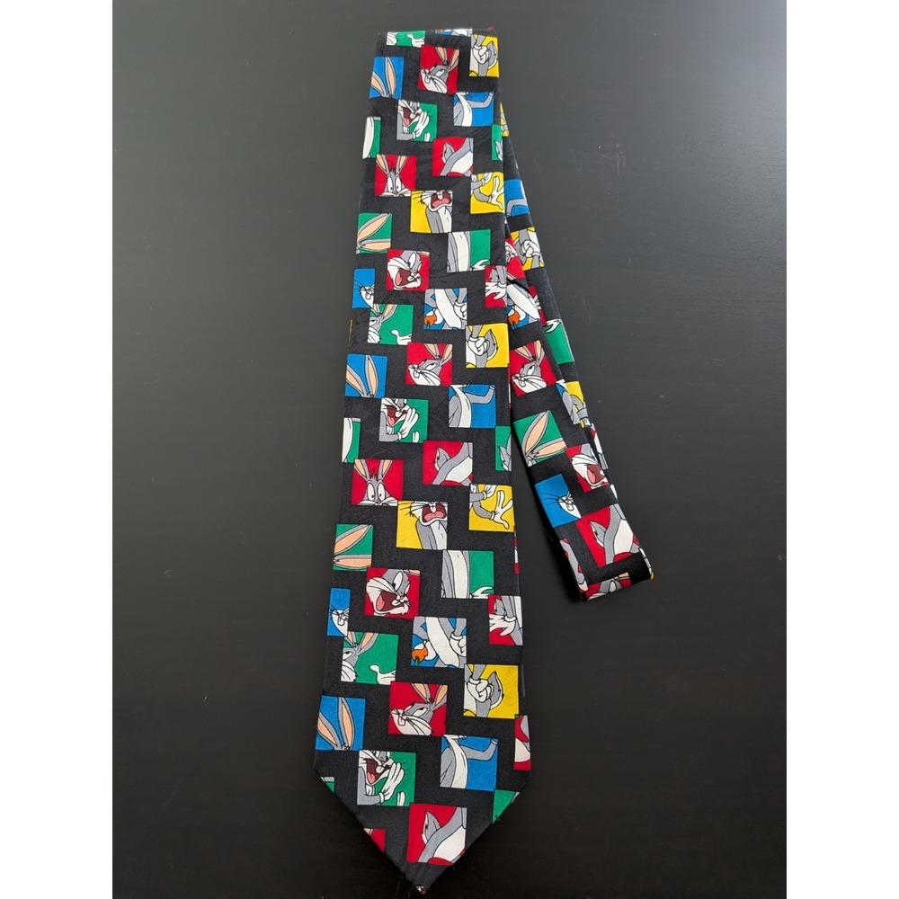 Vintage Looney Tunes‎ Mania Tie 1995 Bugs Bunny Character Squares Black 60"